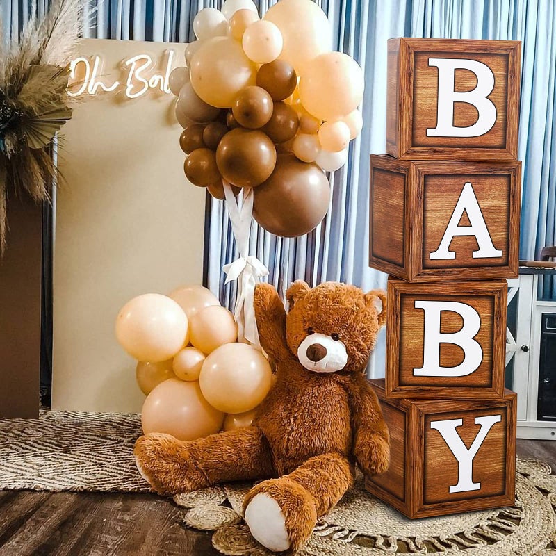 FRIGG Baby Shower Boxes Party Decorations - 4 Wood Grain Brown Blocks with Baby Letter, Printed Letters,First Birthday Centerpiece Decor, Teddy Bear Baby Shower Supplies, Gender Reveal Backdrop - Image 1
